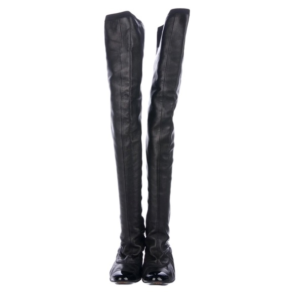CHANEL • CC Lambskin Leather Thigh-High Heel Boots - Picture 8 of 16